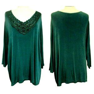 Citiknits Pullover Slinky Travelers Dk Green Tunic Crochet Lacey Beaded Neck 3X